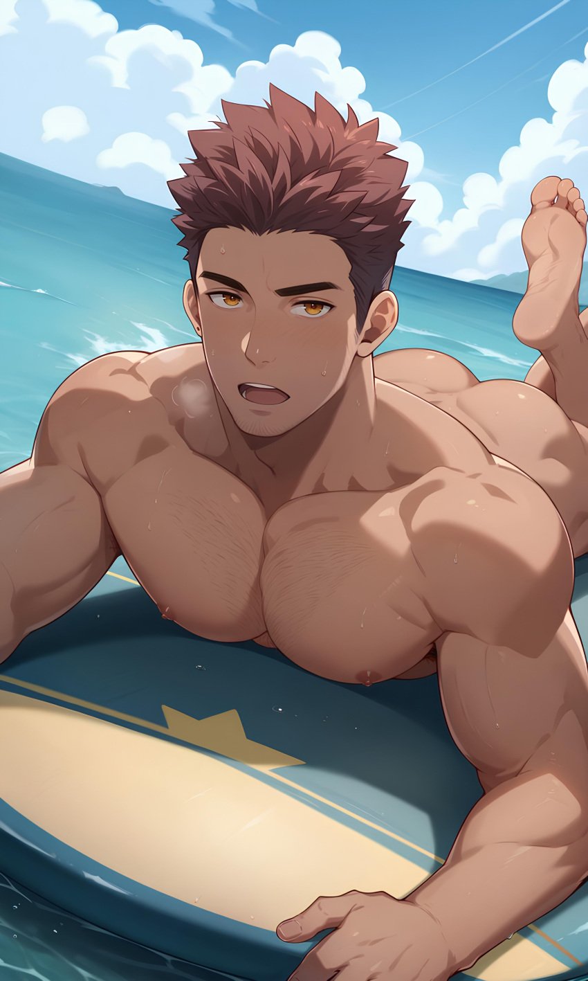 1boy ai_generated ass beach brown_skin full_service lifeguard male_only muscles nipples oki_ardana summer