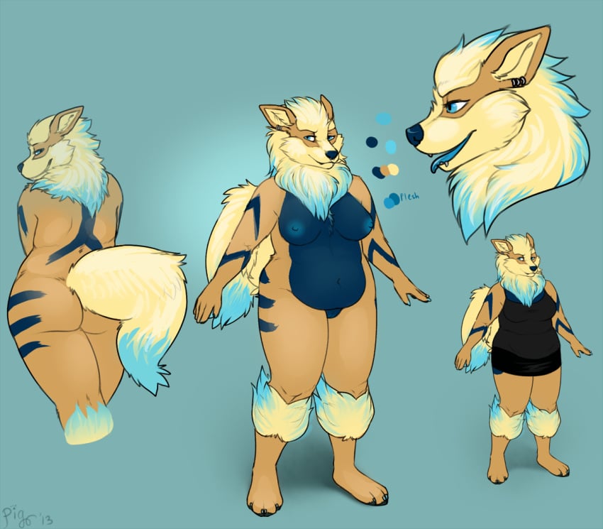 2013 anthro arcanine blue_fur breasts canine clothed clothing female fur looking_at_viewer mammal nintendo nude pig_(artist) pokemon pokemon_(species) pussy smile video_games