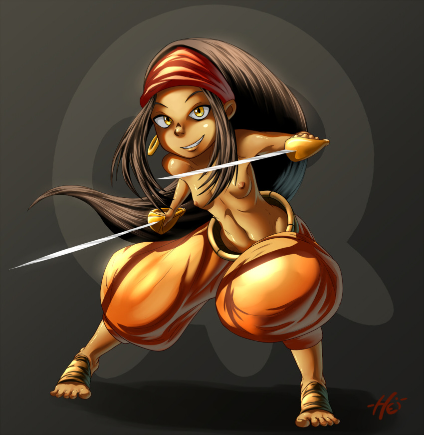 ankama breasts brown_hair dark-skinned_female dark_skin elaine_narrowsmith female heightes looking_at_viewer nipples solo sword wakfu weapon yellow_eyes