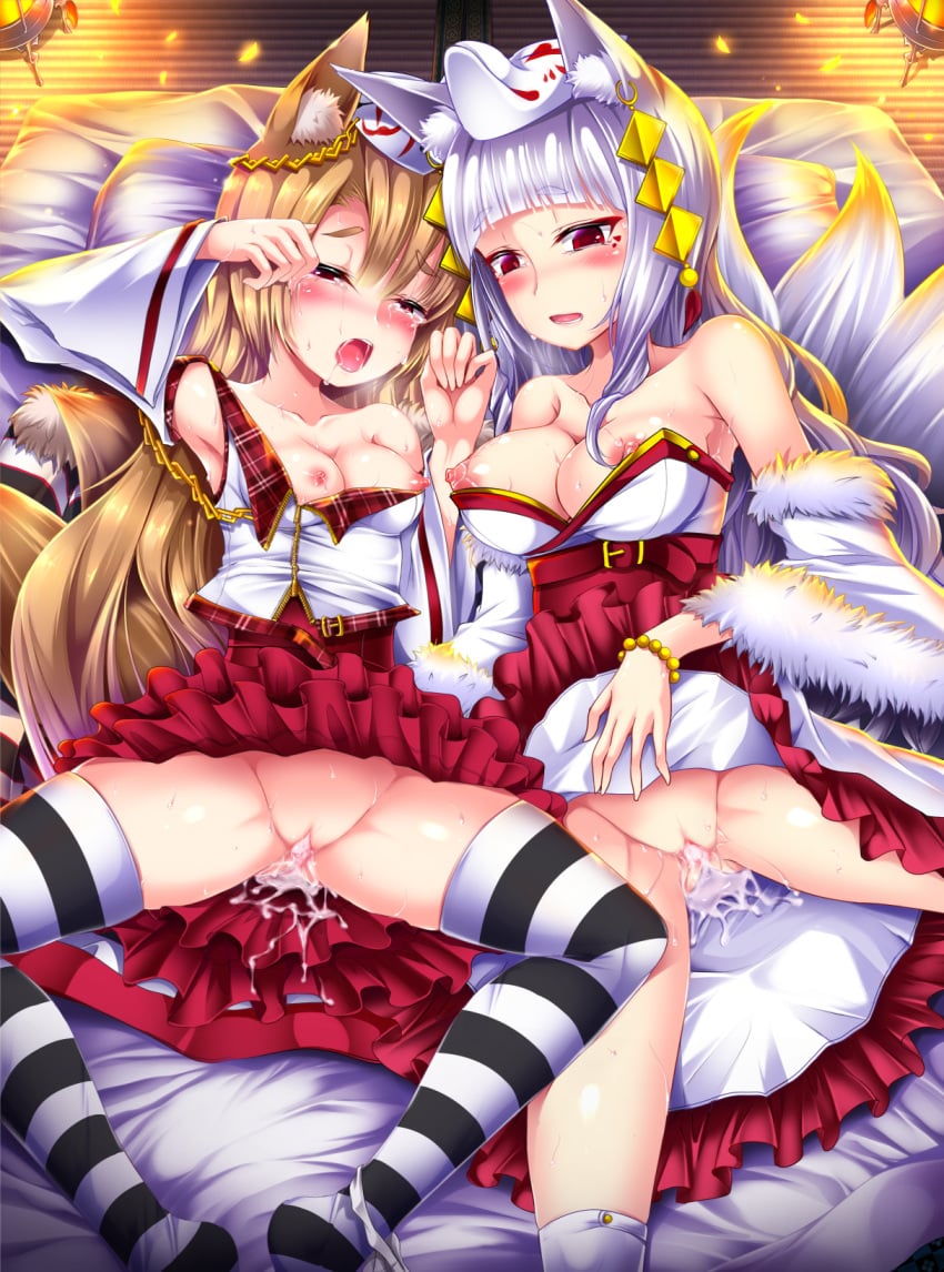 2girls animal_ears blonde_hair censored fox_ears fox_mask highres japanese_clothes mask multiple_girls pussy pussy_juice shimo_(depthbomb) silver_hair