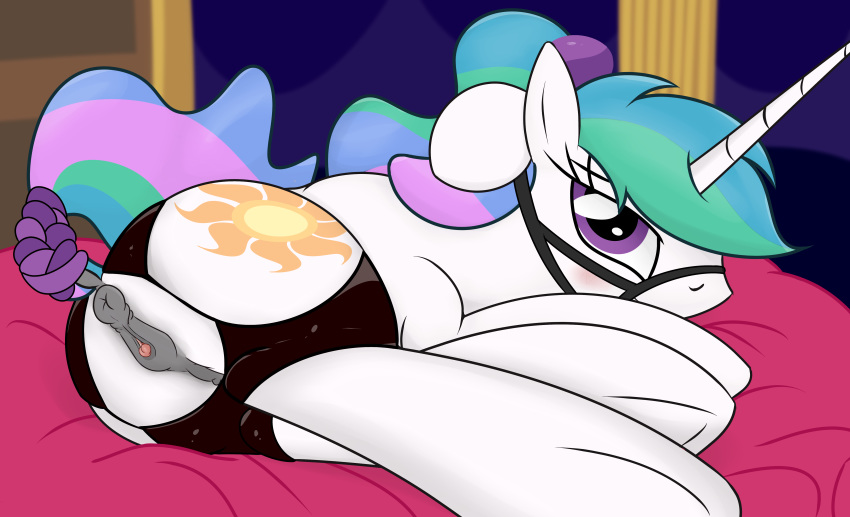 absurd_res anus ardupi bed blush bridle clitoral_winking clitoris clothing cutie_mark equine female friendship_is_magic fur hair hi_res hooves horn long_hair looking_at_viewer lying mammal my_little_pony presenting princess_celestia_(mlp) purple_eyes pussy raised_tail rear_view solo tail_wrap unicorn white_fur