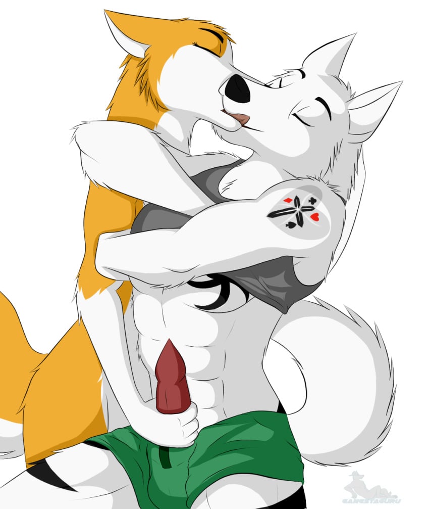 2015 anka anthro canine casey female gangstaguru kishu kissing love male mammal masturbation penis straight tattoo undressing wolf