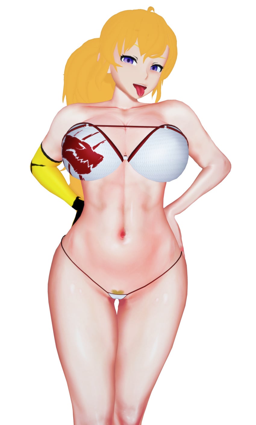 1girls 3d arrancon big_breasts bikini bikini_bottom bikini_top blonde_female blonde_hair busty half-dressed half_naked half_naked_female hands_behind_back hands_on_hips large_breasts long_hair long_hair_female naughty_face navel ponytail pose posing pubic_hair_peek purple_eyes robotic_arm rwby smile solo_female thong_bikini toned tongue_out yang_xiao_long