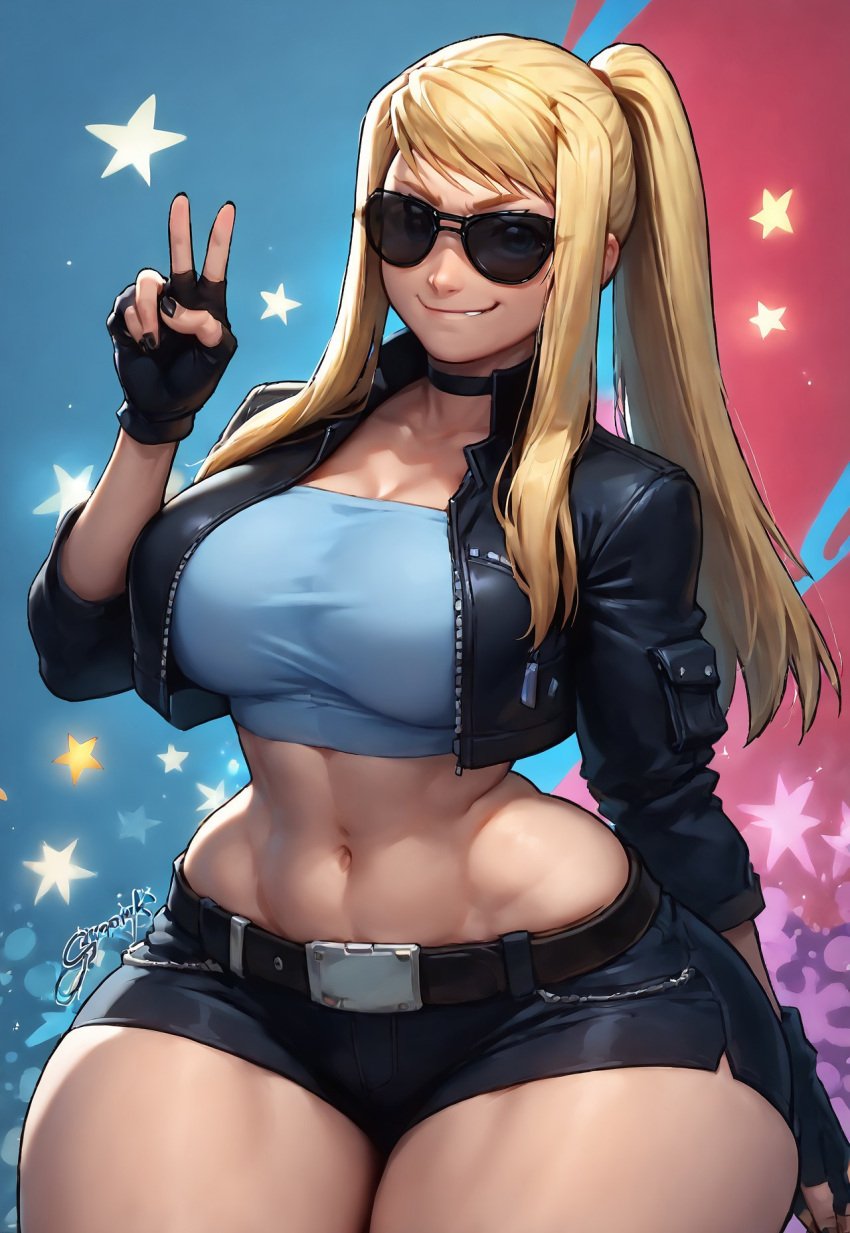 abs ai_assisted ai_generated alternate_breast_size anime big_breasts blonde_female blonde_hair blue_eyes busty busty_female civitai clothed clothed_female cropped_jacket detailed_background deviantart exposed_breasts fingerless_gloves fullmetal_alchemist fullmetal_alchemist_brotherhood hotpants hourglass_figure lewd looking_at_viewer metaphorzio midriff nail_polish nails_painted nsfw peace_sign ponytail shades six_pack smug smug_expression smug_face smug_grin smug_smile solo solo_female sunglasses sunglasses_on_face tank_top thick_thighs thunder_thighs thunderthighs tinted_eyewear winry_rockbell