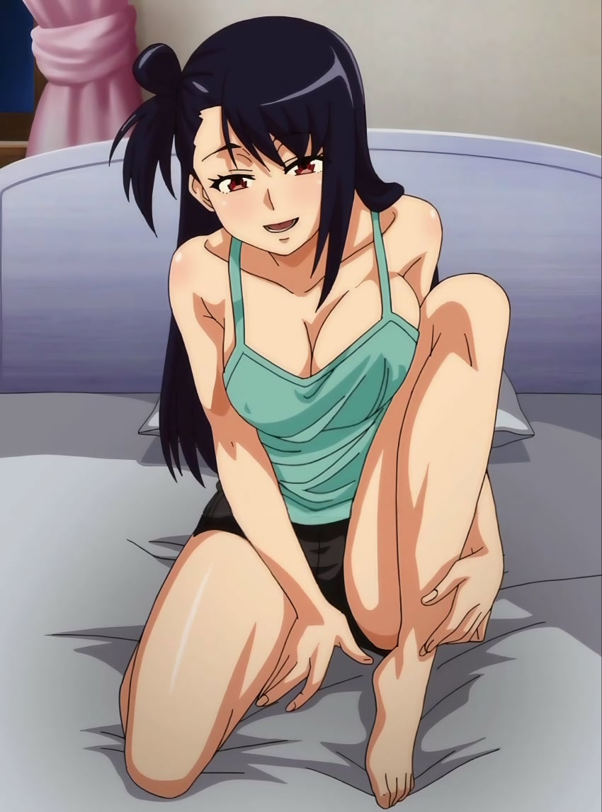 arms_behind_head black_hair breasts female konomi_ja_nai_kedo:_mukatsuku_ane_to_aishou_batsugun_ecchi long_hair miniskirt pajamas ritsuki_mayama