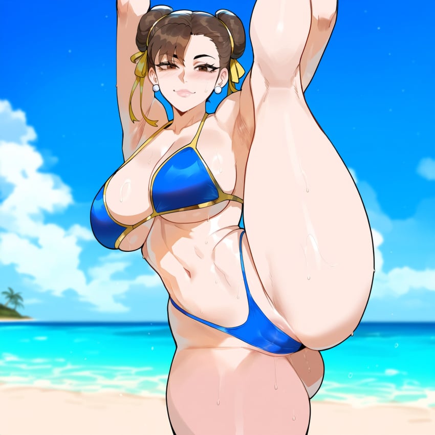 1girls ai_generated beach blush brown_eyes brown_hair chun-li creamy_ai double_bun large_breasts medium_hair outdoors solo street_fighter sweat