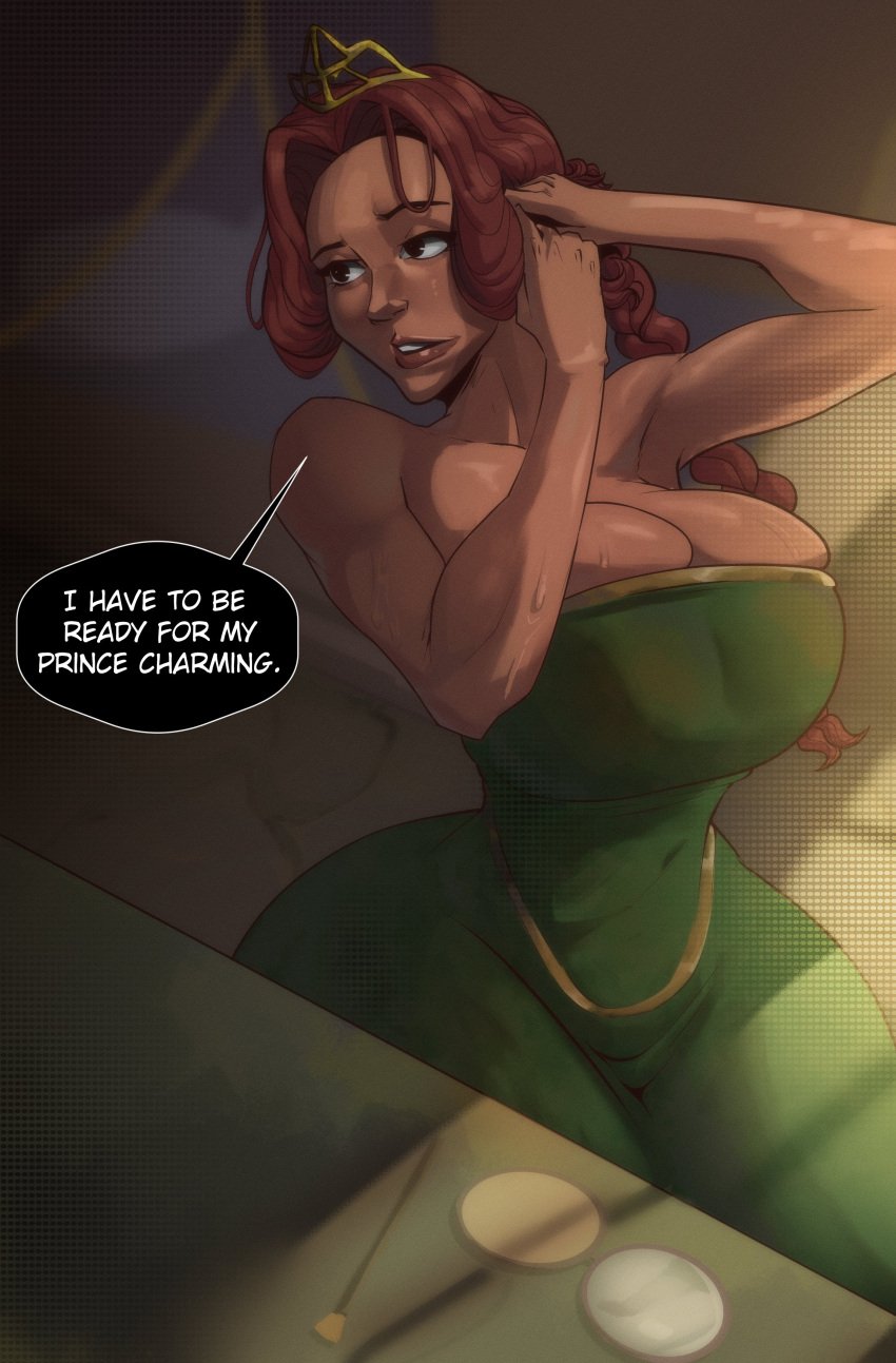 1girls adjusting_hair braided_ponytail cleavage dreamworks galme-way green_dress huge_breasts human_fiona indoors long_hair princess_fiona princess_fiona_(human) red_hair shrek_(film) shrek_(series) sleeveless speech_bubble thick_thighs tiara wide_hips