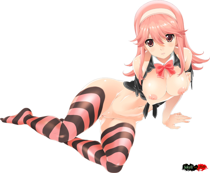 1girls bare_shoulders blush breast_hold breasts dream_c_club dream_c_club_gogo. female frown hairband long_hair mizuki_makoto navel nipples noko_(dream_c_club_gogo.) pink_eyes pink_hair pussy simple_background solo striped striped_legwear thighhighs uncensored white_background