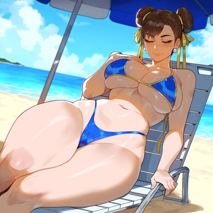 1girls ai_generated beach blush brown_eyes brown_hair chun-li creamy_ai double_bun large_breasts medium_hair outdoors solo street_fighter sweat