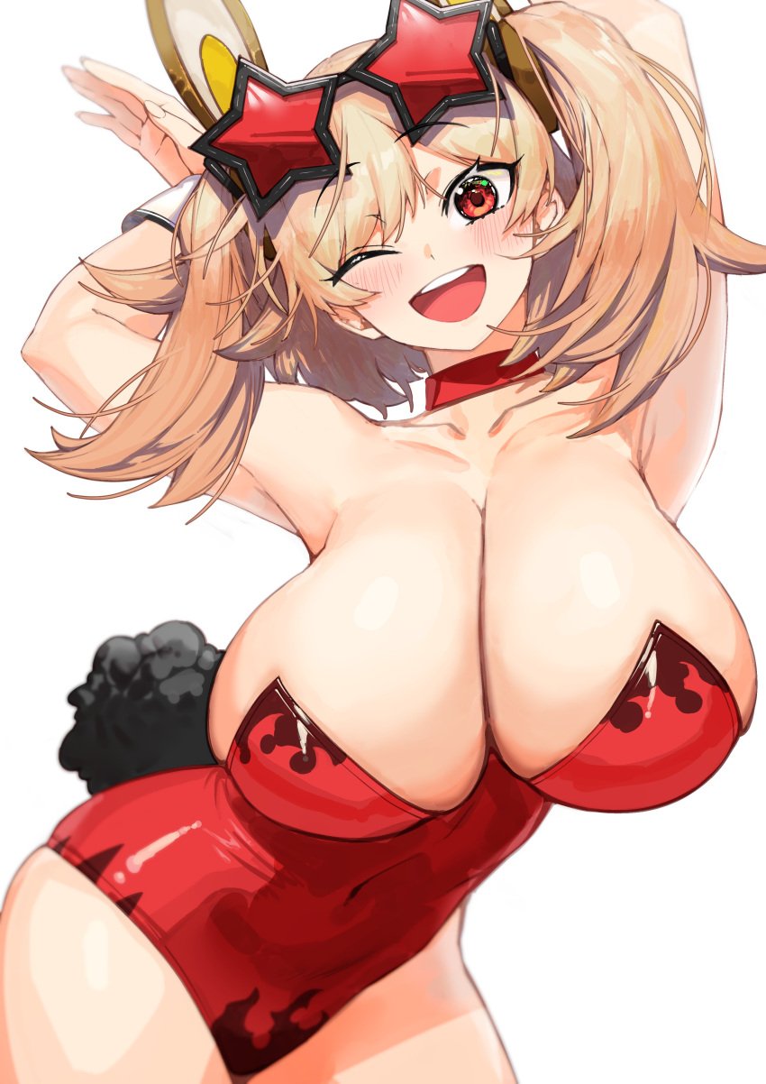 ;d absurdres alternate_breast_size animal_ears armpits arms_up blonde_hair blush breasts burnice_white choker cleavage collarbone covered_navel eyewear_on_head fake_animal_ears female highres huge_breasts leotard looking_at_viewer medium_hair one_eye_closed open_mouth playboy_bunny pyz_(cath_x_tech) rabbit_ears red_choker red_eyes red_leotard simple_background smile solo star-shaped_eyewear star_(symbol) teeth twintails upper_teeth_only white_background wrist_cuffs zenless_zone_zero