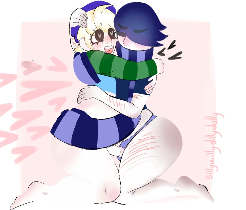 2boys absurd_res absurdres aged_up bottomless brawl_stars closed_eyes edgar_(brawl_stars) gay gus_(brawl_stars) highres huge_thighs hugging long_sleeves no_sex panties scarf self_harm self_harm_scars self_upload shaded short_hair sillywillydillydally simple_background simple_coloring supercell thighs watermark what yaoi