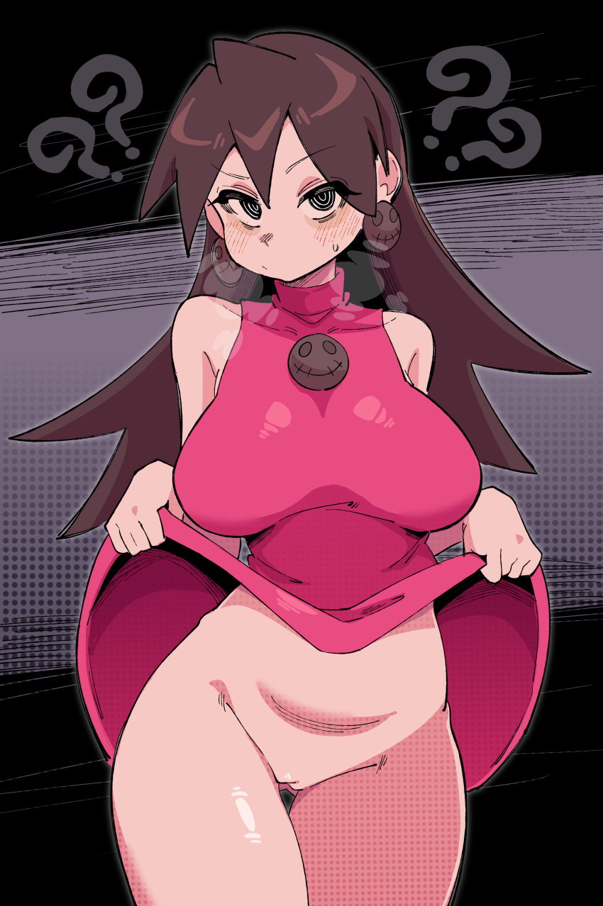 1girls ? ?? @_@ absurdres bare_shoulders big_breasts blush bottomless breasts breath brown_hair buzzlyears clothes_lift cowboy_shot dress dress_lift earrings female grey_background highres jewelry large_breasts long_hair mega_man mega_man_legends pink_dress pussy simple_background skull_earrings solo tron_bonne tron_bonne_(mega_man)