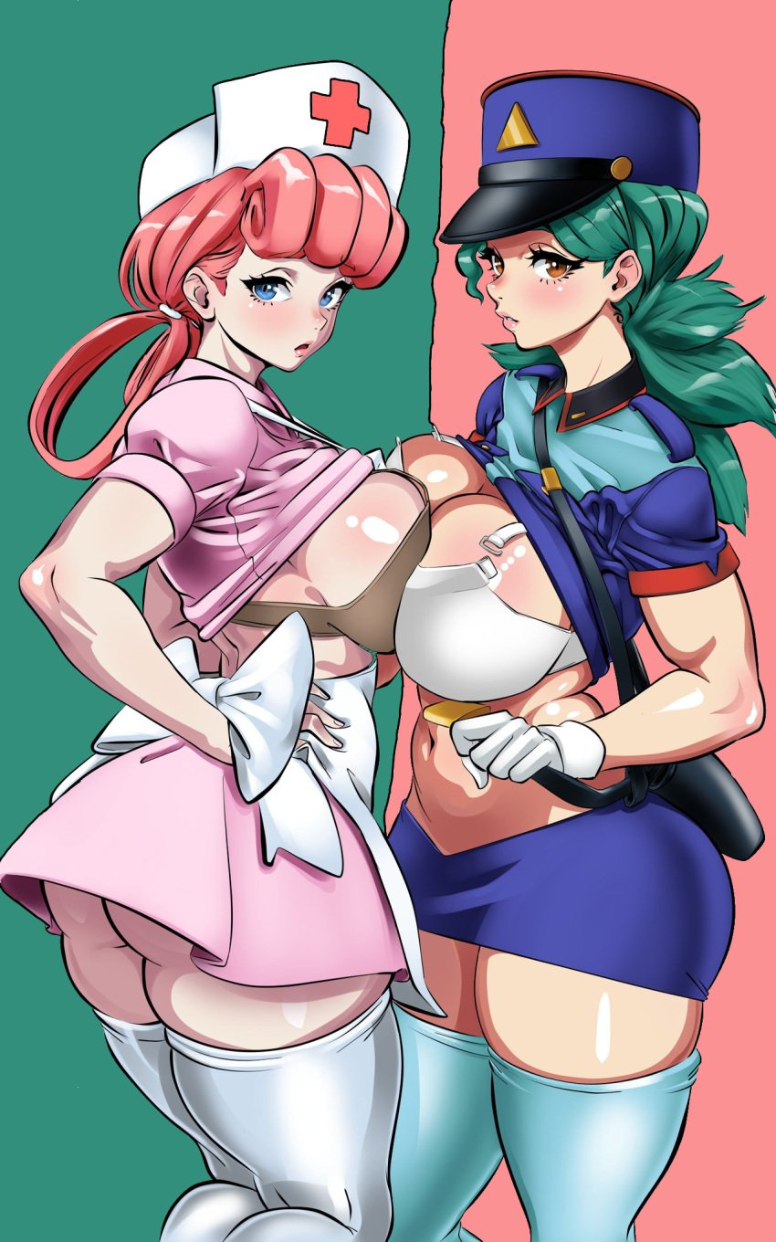 2girls ai_generated blue_hair brown_eyes green_hair hair_rings looking_at_viewer nurse nurse_cap nurse_joy nurse_uniform officer_jenny_(pokemon) paulinebabe pink_hair pokemon police police_hat police_uniform touching_breast