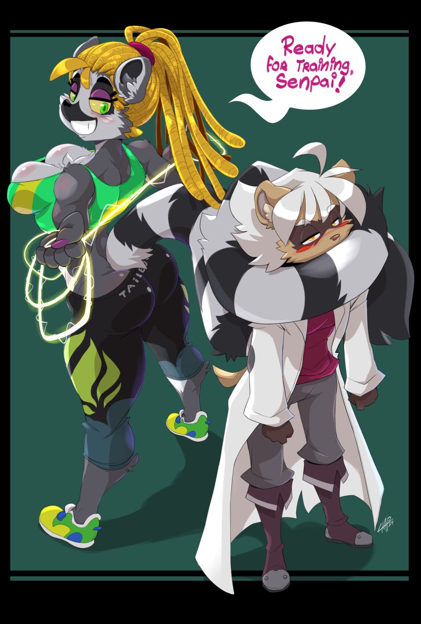 1boy 1girls 2024 5_fingers anthro ass black_tail blonde_hair blush boots bottomwear breasts brown_body brown_fur canid canine chalo clothed clothing dialogue dreadlocks duo english_text female fingers footwear fur gift_art green_eyes grey_body grey_fur grey_hair grey_tail hair hi_res lemur long_hair male mammal midriff pants primate raccoon_dog ring-tailed_lemur shoes signature speech_bubble standing strepsirrhine tail tanuki text yellow_eyes yellow_sclera