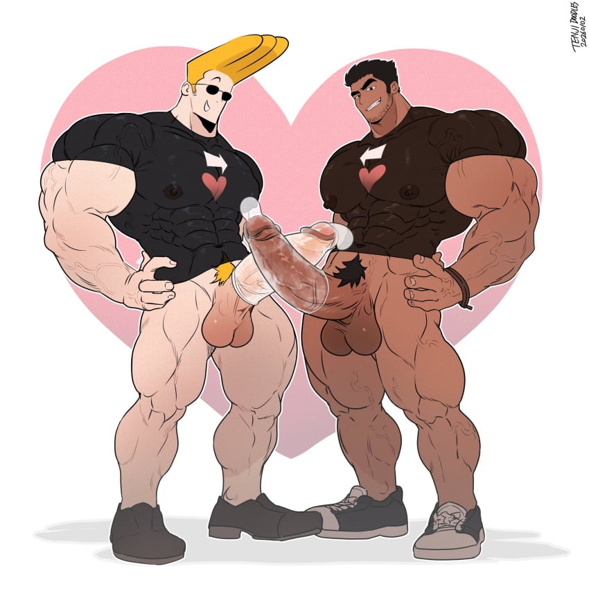 abs balls bara beard_stubble biceps big_balls big_penis black_hair blonde_hair cartoon_network condom cum erection gay himbo johnny_bravo johnny_bravo_(series) lucas_lee male male/male male_nipples male_only manly muscular_male nipples nude pecs penis scott_pilgrim ten_g89