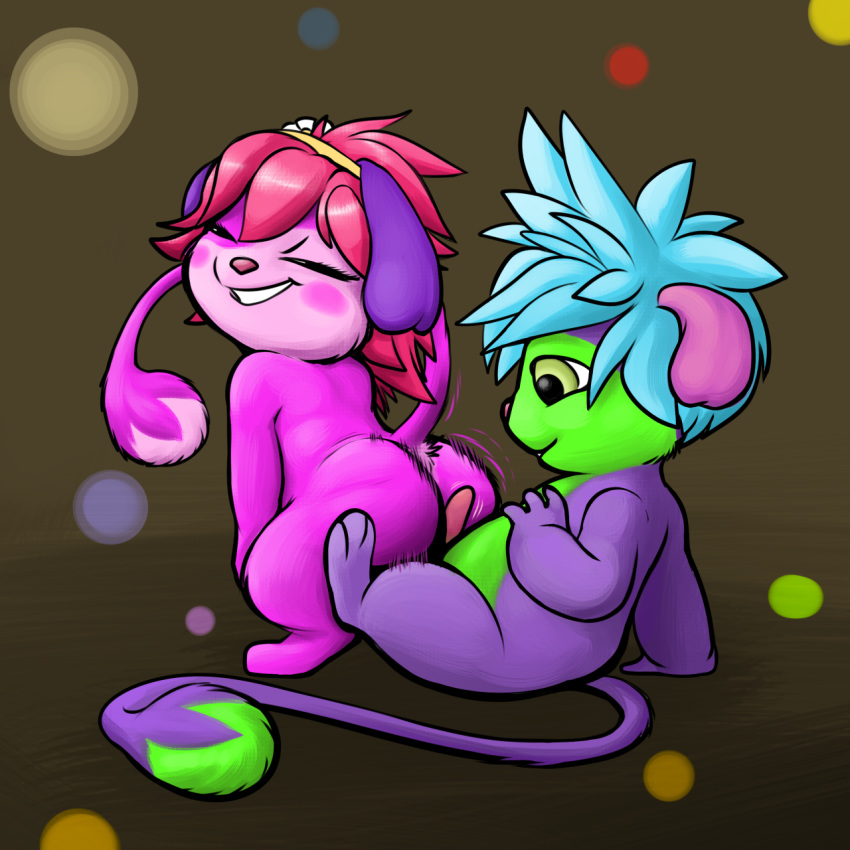 1boy 1girls blue_hair blush buttjob closed_eyes erection female flower furry furry_only green_eyes green_fur grin hairband lulu_(popples) male no_humans penis pink_hair popples purple_fur samuriolu sex short_hair straight tail uncensored yikes_(popples)