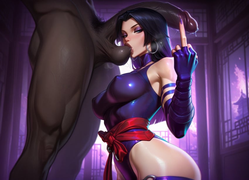 1boy 1girls ai_generated black_hair blue_eyes breasts dark-skinned_male dark_skin drooling faceless_male female interracial large_ass large_penis leotard light-skinned_female light_skin looking_at_viewer male marvel marvel_rivals middle_finger muscular_male narrow_waist narrowed_eyes psylocke psylocke_(marvel_rivals) queensphynx testicle_sucking wide_hips