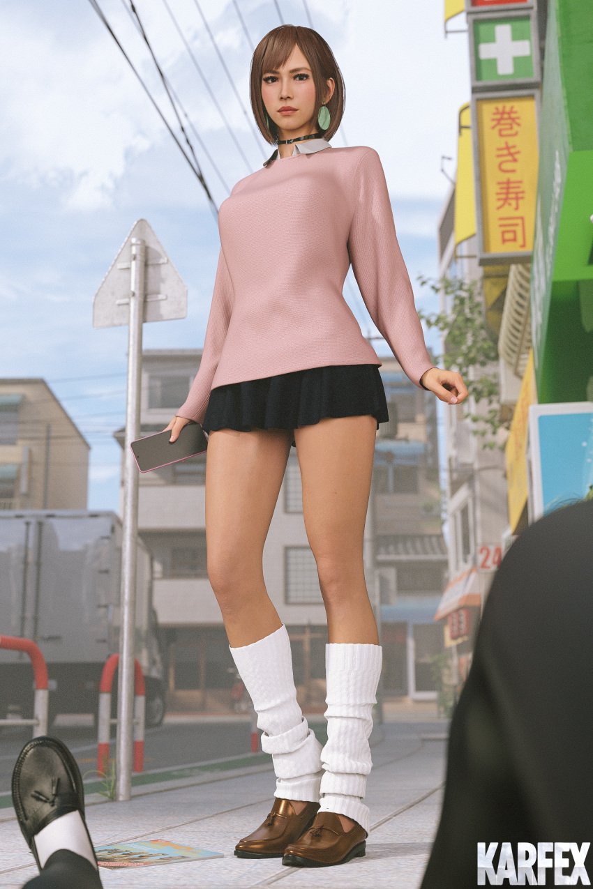 1boy 1girls 3d ayase_momo choker dandadan gyaru karfex kogal legs like_a_dragon_(series) loafers loose_socks outside pov public saeko saeko_mukouda school_uniform sfw shoes sky tagme yakuza_(series)