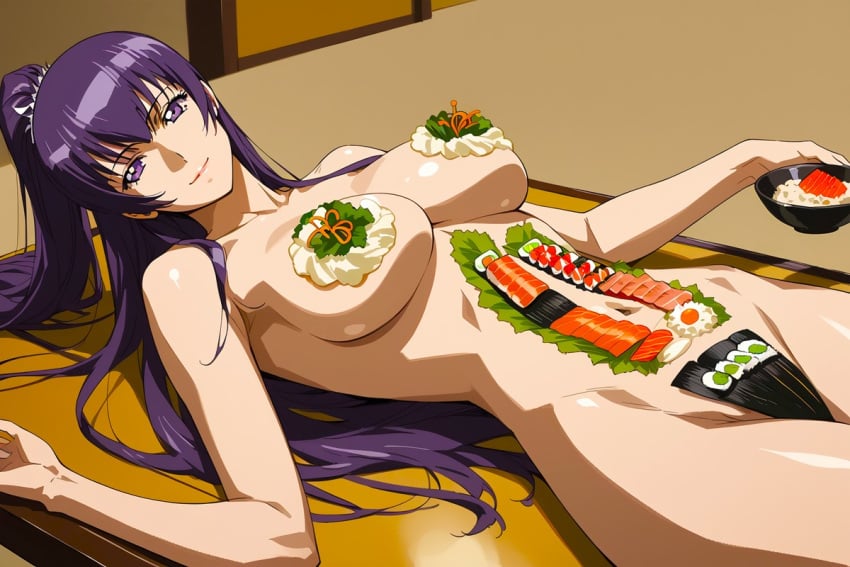 ai_generated anime appetite attractive beautiful beautiful_females big_breasts completely_nude completely_nude_female divine_beauty female food food_fetish food_on_body high_school_student highschool_of_the_dead hungry imminent_sex inviting looking_at_viewer looking_pleasured lunch meal ponytail purple_hair purple_ponytail saeko_busujima salad table thrist_trap trj vegetable voluptuous voluptuous_female warrioress young_woman