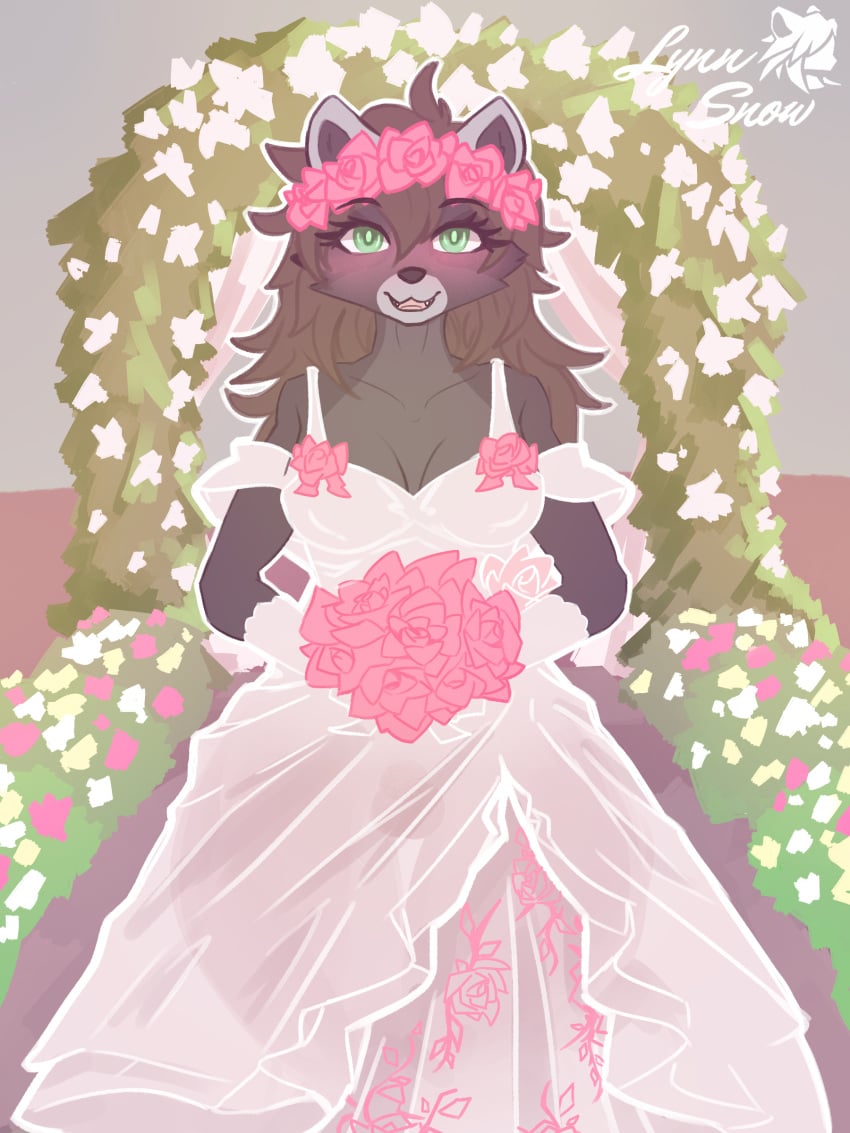 absurd_res accessory alain_the_raccoon_(softthaicat) anthro balls blush bouquet bow_accessory bow_ribbon breasts bride brown_hair chastity_cage chastity_device clothed clothing dress floral floral_print flower flower_accessory flower_bouquet flower_crown flower_garland flower_hair_accessory flower_in_hair frilly frilly_clothing fur garland genitals grey_body grey_fur gynomorph hair hair_accessory happy hi_res holding_object intersex looking_at_viewer lynnsnowmew mammal open_mouth plant procyonid raccoon ribbons rose_(flower) simple_background smile solo topwear translucent translucent_clothing wedding wedding_dress wedding_veil