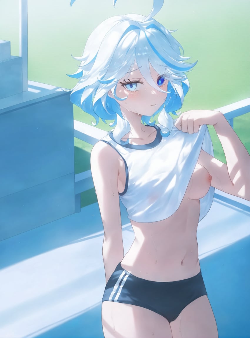 absurd_res ahoge ai_generated alternate_costume arm_behind_back bare_arms bare_shoulders black_buruma blue_eyes blue_hair blush breasts buruma closed_mouth clothes_lift collarbone cowboy_shot day drop-shaped_pupils female furina_(genshin_impact) genshin_impact grass gym_shirt gym_uniform hair_between_eyes heterochromia lifted_by_self light_blue_hair long_hair looking_at_viewer medium_breasts midriff ministro mismatched_pupils multicolored_hair navel nipples no_bra one_breast_out outdoors see-through shirt shirt_lift short_hair shorts sidelocks sleeveless sleeveless_shirt solo standing stomach streaked_hair sweat tank_top two-tone_hair white_hair white_shirt