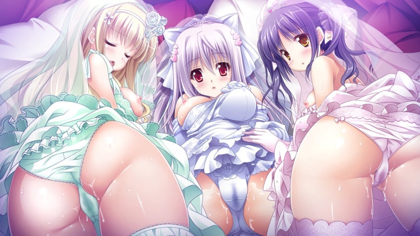 3girls bell blonde_hair blush breasts cleavage closed_eyes dress game_cg headband kuga_valencia_reiri long_hair mibuno_suzume multiple_girls nakase_nagisa nipples open_mouth purple_hair red_eyes short_hair suzui_narumi wedding_dress yellow_eyes