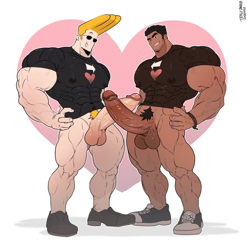 abs balls bara beard_stubble biceps big_balls big_penis black_hair blonde_hair cartoon_network erection gay himbo johnny_bravo johnny_bravo_(series) lucas_lee male male/male male_nipples male_only manly muscular_male nipples nude pecs penis scott_pilgrim ten_g89