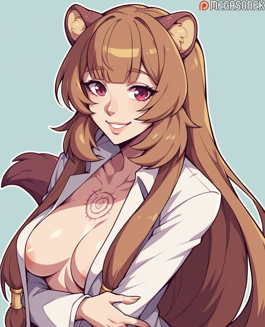 ai_generated animal_ear_fluff animal_ears areola_slip bangs blunt_bangs breast_tattoo breasts brown_hair chest_tattoo collarbone collared_shirt female large_breasts long_hair long_sleeves looking_at_viewer medium_breasts megasonek no_bra open_clothes open_shirt parted_lips patreon_username raccoon_ears raccoon_girl raccoon_tail red_eyes shirt simple_background smile solo tail tattoo upper_body watermark white_shirt