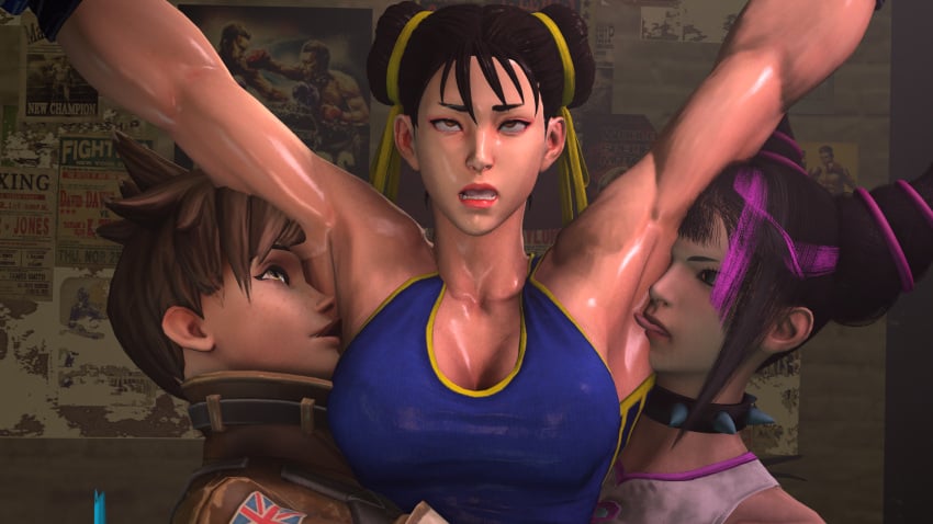 3d 3d_model 3girls ahe_gao armpit_fetish armpit_lick armpit_licking armpit_sniffing armpit_worship armpits arms_up athletic_female big_breasts chun-li disgusted fetish human juri_han licking_armpit muscular_female overwatch smell smelly smelly_armpits source_filmmaker street_fighter sweat sweating sweaty tanktop toned_female tracer yellowluxaresfm_(artist) yuri yuri