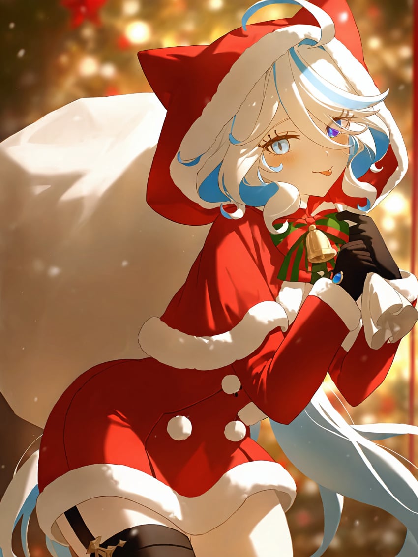 :p absurd_res ahoge ai_generated alternate_costume animal_hood bell black_gloves black_thighhighs blue_eyes blue_hair blurry blurry_background bow bowtie capelet christmas closed_mouth cowboy_shot cowlick dress drop-shaped_pupils female fur-trimmed_capelet fur-trimmed_dress fur-trimmed_hood fur_trim furina_(genshin_impact) garter_straps genshin_impact gloves green_bow green_bowtie hair_between_eyes heterochromia holding holding_sack hood hood_up hooded_capelet leaning_forward light_blue_hair long_hair long_sleeves looking_at_viewer ministro mismatched_pupils multicolored_hair neck_bell red_bow red_bowtie red_capelet red_dress red_hood sack santa_costume santa_dress sidelocks single_thighhigh smile solo standing streaked_hair striped_bow striped_bowtie thigh_strap thighhighs thighs tongue tongue_out two-tone_hair very_long_hair white_hair