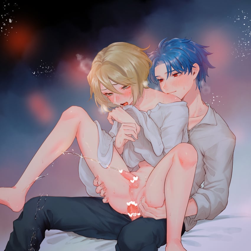 2boys alain_(unicorn_overlord) anal auch_(unicorn_overlord) bare_shoulders blonde_hair blue_eyes blue_hair blush bottomless censored collared_shirt curtained_hair erection eyelashes full-face_blush hair_between_eyes heart heart_censor highres knees_up legs_apart long_sleeves looking_at_viewer male_focus male_penetrated multiple_boys open_mouth otoko_no_ko pants peeing penis red_eyes saliva sex sex_from_behind shiny_skin shirt short_hair simple_background sitting smile steam sweat unicorn_overlord yaoi yatyou6666