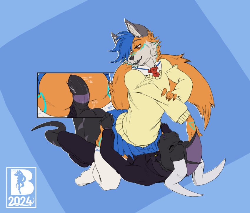 anthro brapion canid canine clothing college_student dragon duo femboy fox genitals hi_res lizard male male/male mammal mr.brapion mythological_creature mythological_scalie mythology penis reptile scalie suit