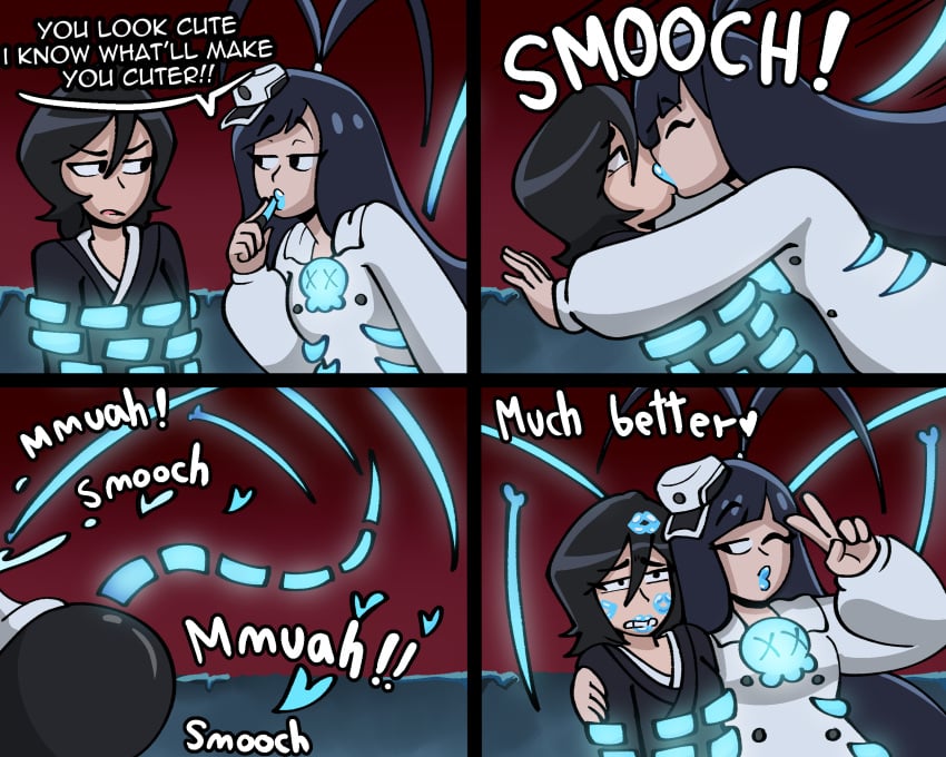 2d 2d_(artwork) arm_around_partner big big_ass black_hair black_robe bleach bleach:_the_thousand-year_blood_war blue_lips blue_lipstick comic dialogue flat_colors giselle_gewelle hand_on_arm hat kiss_mark kissing kuchiki_rukia lipstick lipstick_mark long_hair mwah night_sky peace_sign quincy_(bleach) shippart short_hair smooch tied tied_up white_clothing