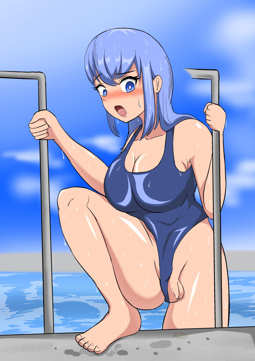 bathing_suit blue_eyes blue_hair dickgirl penis swimsuit