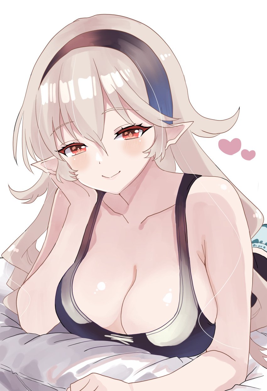 1girls bedroom_eyes cleavage corrin_(fire_emblem) corrin_(fire_emblem)_(female) fire_emblem fire_emblem_fates grey_hair hairband large_breasts looking_at_viewer manakete n_54 nintendo pointy_ears red_eyes smile