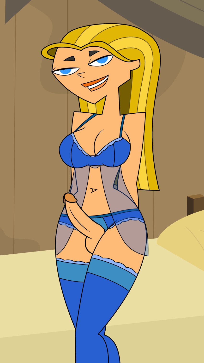 1futa 2d alternate_version_available balls big_breasts blonde_hair blue_eyes breasts erect_penis futa_only futanari lindsay_(tdi) lingerie long_hair looking_at_viewer penis thighhighs thighs tjlive5 total_drama_island