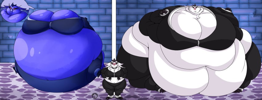 bbw big_breasts blueberry_inflation breasts cleavage female furry helluva_boss huge_breasts hyper_breasts inflation mad_n_evil overweight stella_(helluva_boss) thick_thighs wide_hips