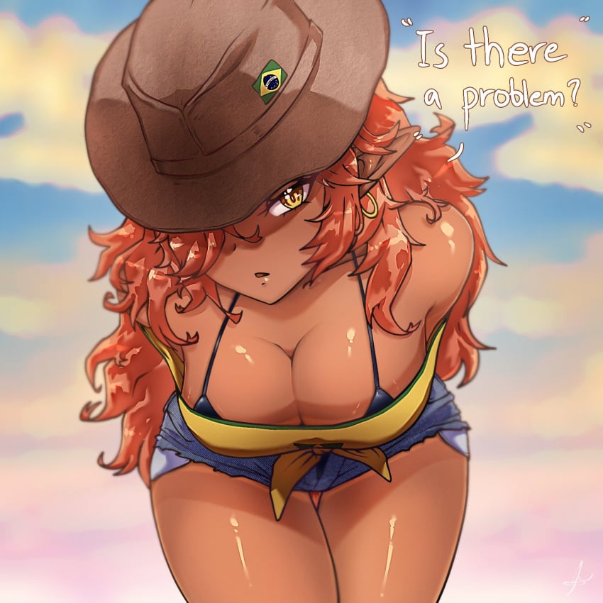 big_breasts clothed earrings english english_text guardian_tales hat huntress_rosseta_(guardian_tales) rosseta_(guardian_tales) selehyme_(artist) speech tagme text thick_thighs yellow_eyes