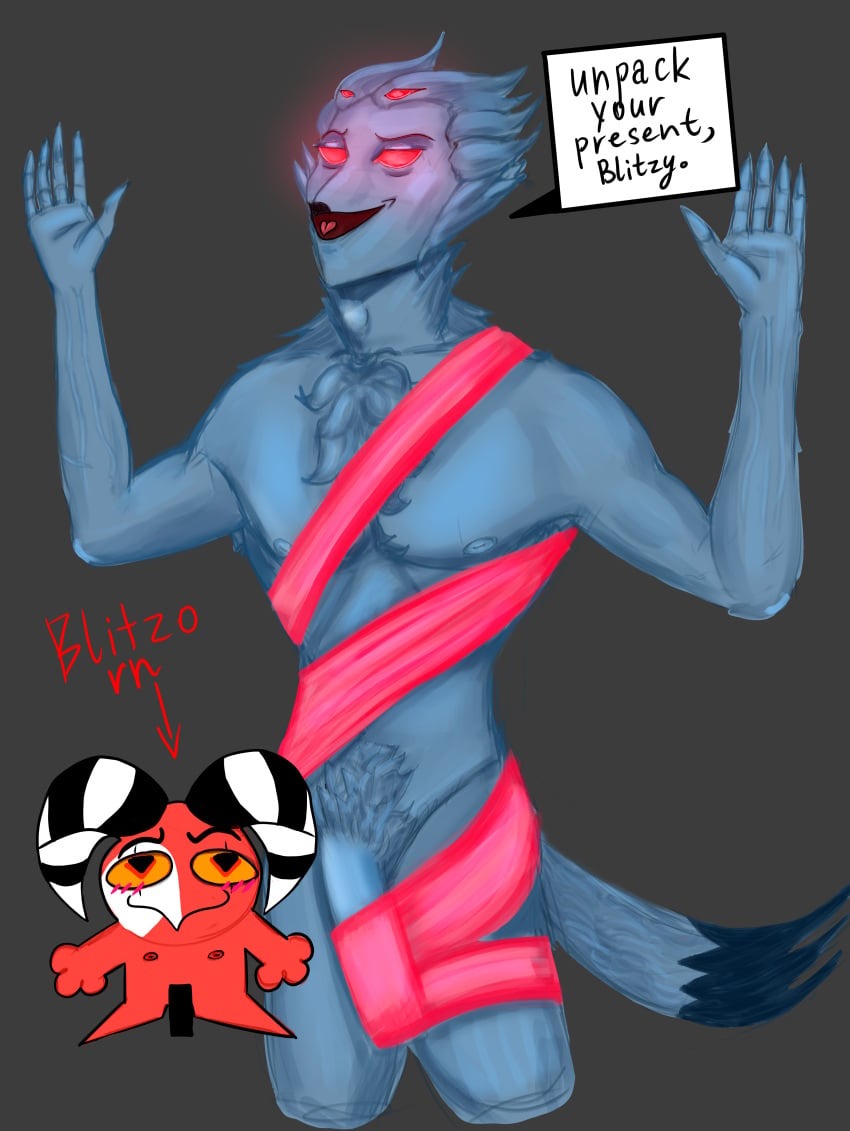 absurd_res anthro avian bird blitzo_(helluva_boss) body_hair chest_hair demon duo flirting hairy helluva_boss hi_res male male/male owl red_eyes ribbons shy skinny slim stolas_(helluva_boss) thatonecoin1