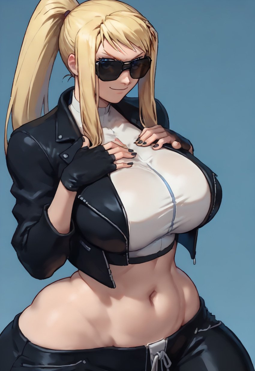 abs ai_assisted ai_generated alternate_breast_size anime big_breasts blonde_female blonde_hair blue_eyes busty busty_female civitai clothed clothed_female cropped_jacket detailed_background deviantart exposed_breasts fingerless_gloves fullmetal_alchemist fullmetal_alchemist_brotherhood grabbing_own_breast hands_on_breasts hotpants hourglass_figure lewd looking_at_viewer metaphorzio midriff nail_polish nails_painted nsfw peace_sign ponytail shades six_pack smug smug_expression smug_face smug_grin smug_smile solo solo_female sunglasses sunglasses_on_face thick_thighs thunder_thighs thunderthighs winry_rockbell