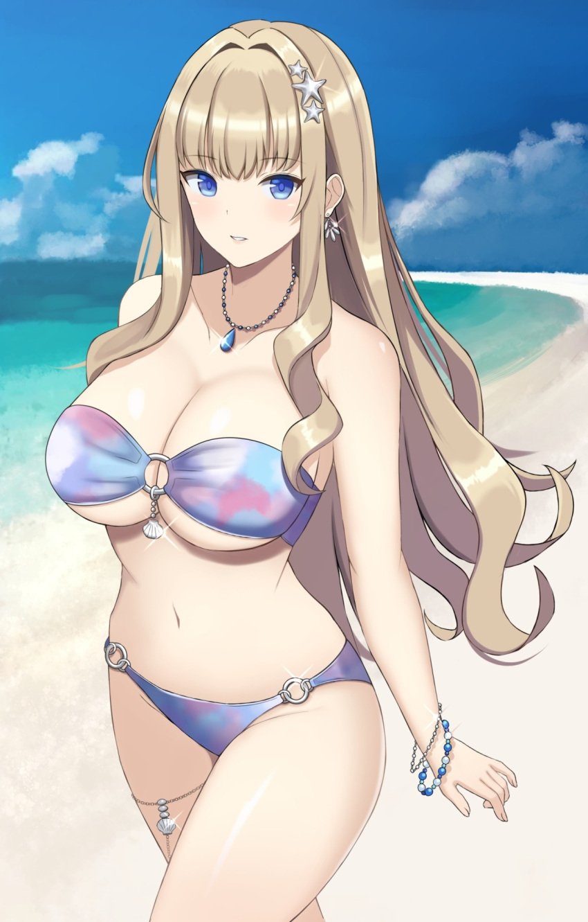 arm_at_side bandeau bare_arms bare_shoulders beach bead_bracelet beads bikini blonde_hair blue_bikini blue_eyes blue_gemstone blue_sky blush bracelet breasts cleavage cloud collarbone cowboy_shot day dolphin_wave earrings female gem glint groin hair_intakes hair_ornament jewelry kirahoshi_kanna large_breasts long_hair looking_at_viewer multicolored_bikini multicolored_clothes navel necklace o-ring o-ring_bikini o-ring_bottom o-ring_top ocean outdoors parted_lips pendant pink_bikini purple_bikini sidelocks sky solo standing star_(symbol) star_hair_ornament stomach strapless strapless_bikini surippa1010 swimsuit very_long_hair