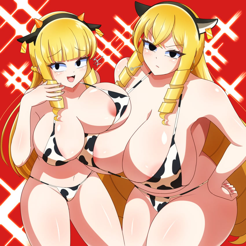 2girls animal_ear_hairband animal_ears animal_print areola_slip big_breasts bikini blush breasts cow_ears cow_print cow_print_bikini cow_print_thighhighs curvy drill_hair drill_sidelocks fake_animal_ears fake_horns female hairband highres horns huge_breasts jewelry kaneda_maria kaneda_mochiko large_areolae long_hair mature_female mother_and_daughter mount_celeb_kaneda-san naughty_face navel print_bikini print_thighhighs sidelocks smile string_bikini sweat swimsuit thighhighs twin_drills very_long_hair wide_hips