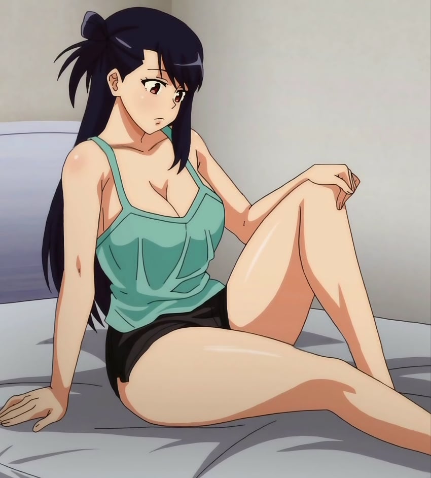 arms_behind_head black_hair breasts female konomi_ja_nai_kedo_mukatsuku_ane_to_aishou long_hair miniskirt pajamas ritsuki_mayama