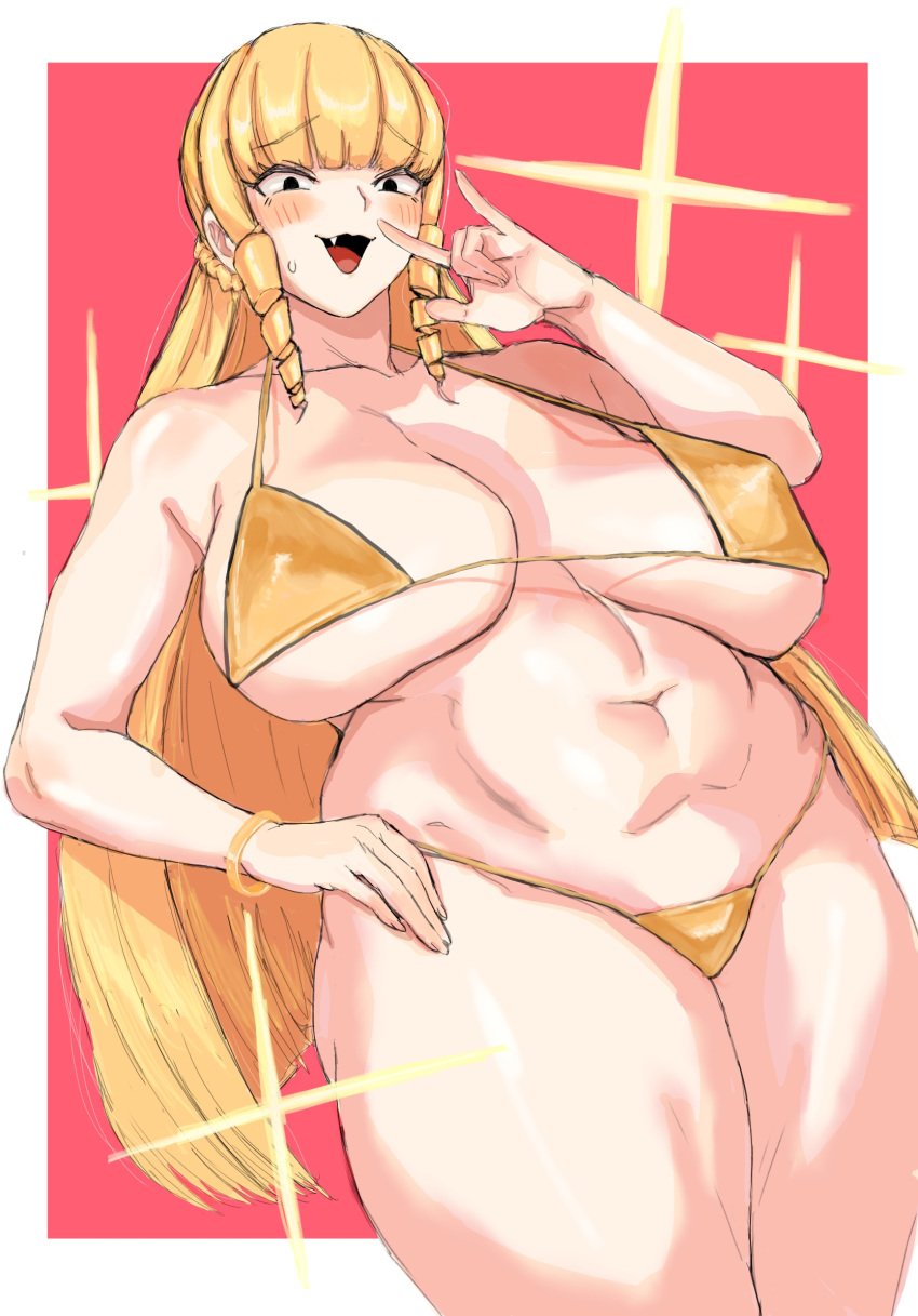 1girls bare_shoulders big_breasts bikini black_eyes blonde_hair blush blush_lines breasts busty curvaceous curvy curvy_female curvy_figure drill_hair female female_focus female_only gold_bikini golden_bikini hand_on_hip hi_res high_resolution highres huge_breasts kaneda_mochiko large_breasts light-skinned_female light_skin long_hair mount_celeb_kaneda-san navel oerba_yun_fang simple_background smile smiling solo solo_female solo_focus swimsuit tagme thick_thighs thighs thong very_long_hair voluptuous voluptuous_female