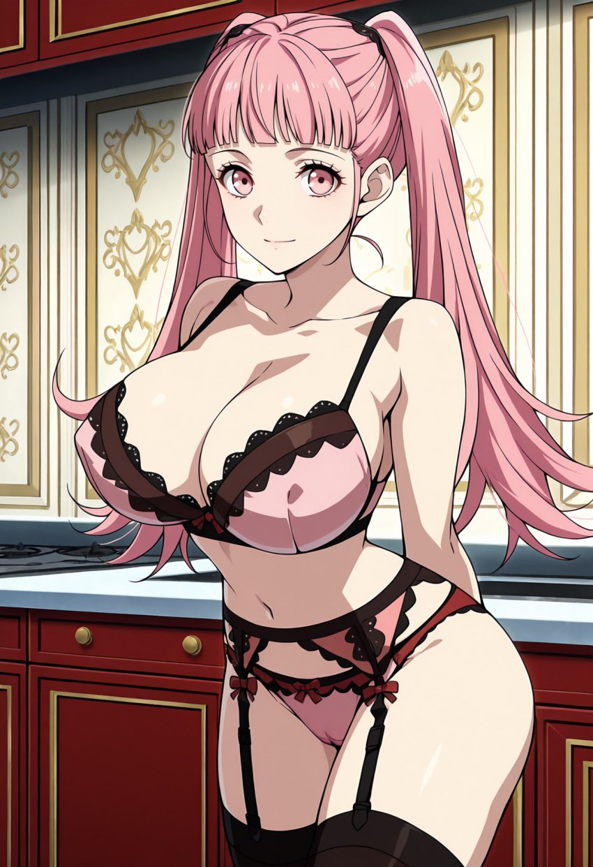 1girls accurate_art_style ai_generated androidparanoid big_breasts bra cleavage fire_emblem fire_emblem:_three_houses hilda_valentine_goneril intelligent_systems lingerie nintendo panties pin_up pink_eyes pink_hair underwear