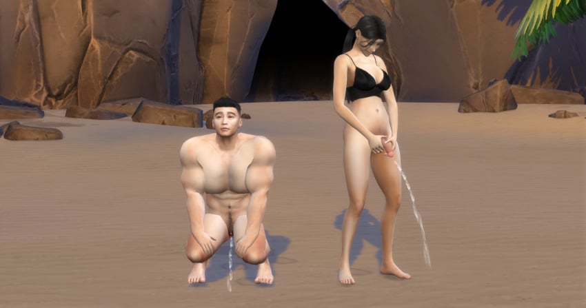 cuntboy cuntboy/male cuntboy_on_futa futa_on_cuntboy futanari intersex muscular muscular_cuntboy muscular_male peeing sims4