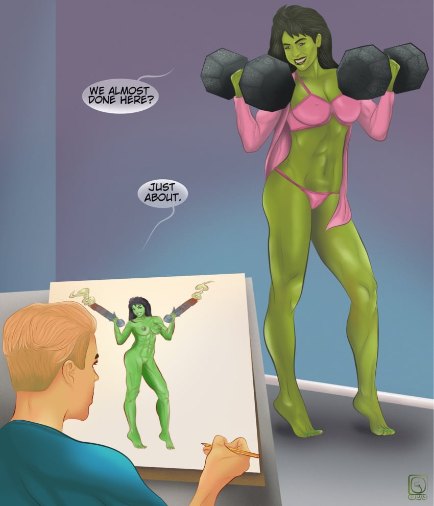 cameltoe english_text jennifer_walters model nipples_visible_through_clothing nonagesimal painting see-through_clothing she-hulk tagme weight_lifting weights