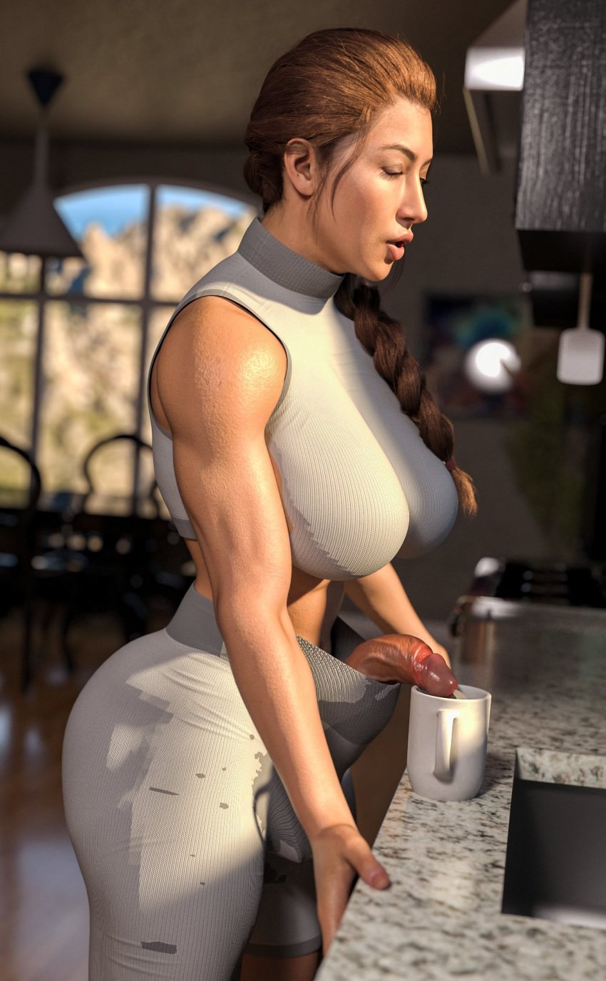 1futa 3d 3d_(artwork) abs big_breasts braid braided_hair braided_ponytail breasts brown_hair brynhildr93 bulge bulge_through_clothing coffee coffee_cup coffee_mug cum cumming cup eyes_closed futa_only futanari hands-free handsfree_ejaculation muscular muscular_futanari penis_out ponytail solo solo_futa