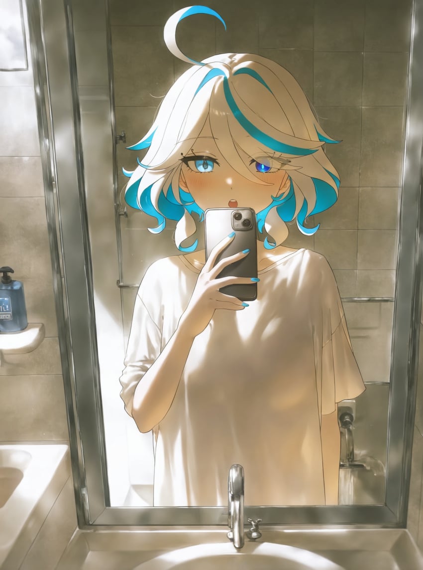 absurd_res ahoge ai_generated alternate_costume bathroom bathtub blue_eyes blue_hair blue_nails blush breasts cellphone colored_inner_hair cowlick drop-shaped_pupils eyes_visible_through_hair faucet female female_pov furina_(genshin_impact) genshin_impact hair_between_eyes heterochromia holding holding_phone indoors light_blue_hair looking_at_mirror looking_at_viewer ministro mirror mismatched_pupils multicolored_hair nail_polish open_mouth phone pov reflection selfie shampoo_bottle shirt short_hair short_sleeves sidelocks sink smartphone soap_bottle solo standing streaked_hair t-shirt taking_picture teeth tile_wall tiles two-tone_hair upper_body upper_teeth_only white_hair white_shirt