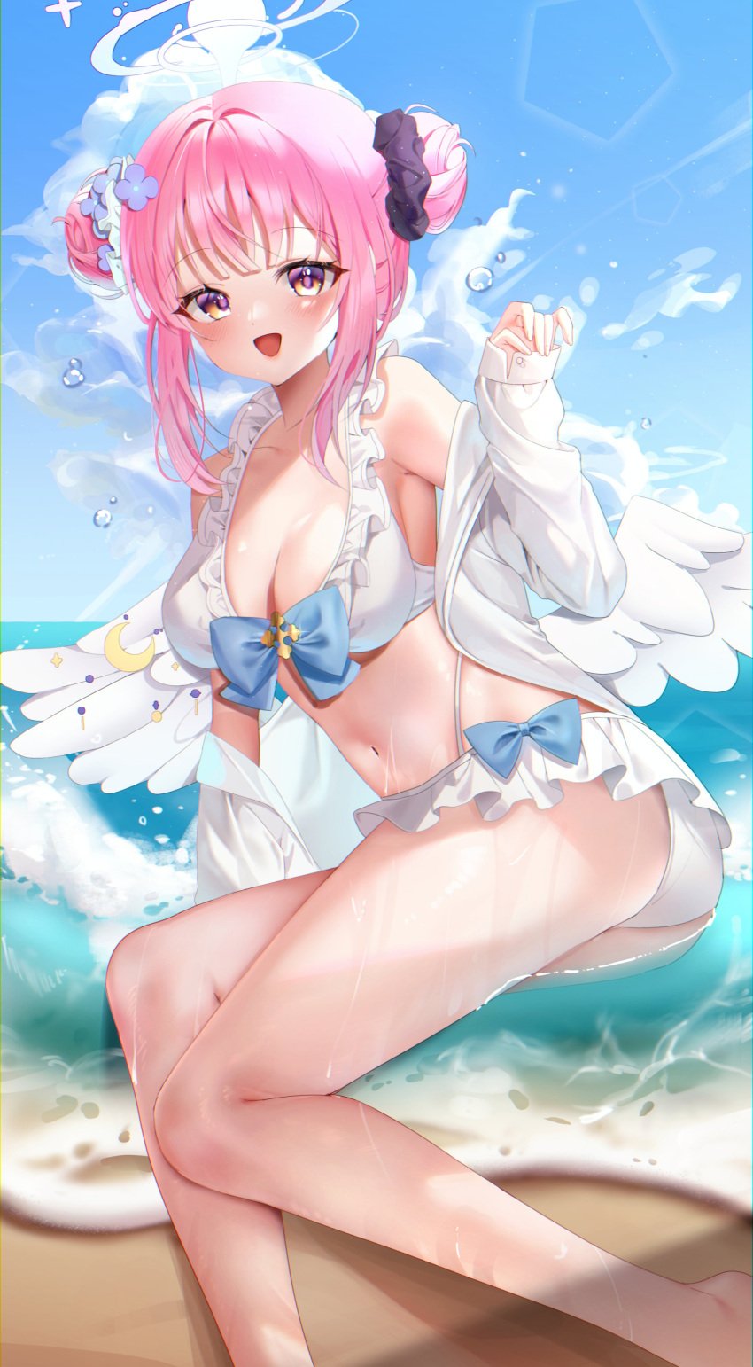 1girls absurdres angel_wings bare_legs bare_shoulders beach bikini blue_archive blue_bow blue_flower blue_sky blush bow breasts cleavage cloud clouds cloudy_sky collarbone crescent cross day double_bun emduck feathered_wings female female_only flower flower_hair_ornament flower_in_hair flower_on_head frilled_bikini frilled_ribbon frills glint hair_bun hair_flower hair_ornament hair_ribbon hair_scrunchie halo highres large_breasts legs long_bangs long_sleeves looking_at_viewer low_wings mika_(blue_archive) navel ocean open_clothes open_mouth open_mouth_smile open_shirt outdoors parted_lips pink_eyes pink_eyes_female pink_hair pink_hair_female pink_halo purple_flower purple_scrunchie raised_eyebrows ribbon sand scrunchie shirt shirt_partially_removed sky sleeves_past_wrists smile solo solo_female stomach swimsuit thighs tongue twin_buns water white_bikini white_ribbon white_shirt white_wings wing_ornament wings